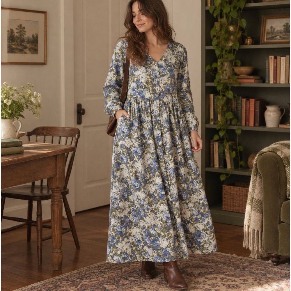 Vintage Floral Maxi Dress Blue Rose Cotton Button Front 6 Teacher Cottagecore